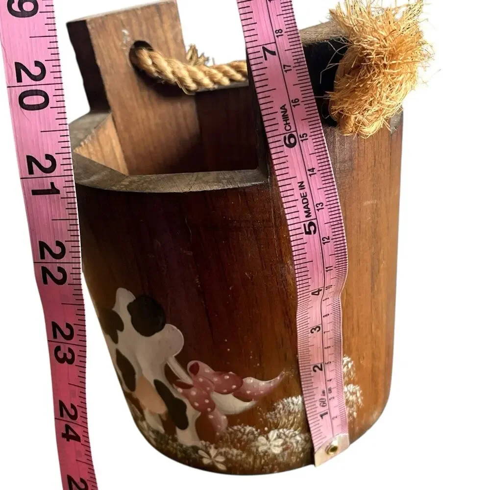 Wooden Bucket Cow Painted Retro 80s Tole Painted Kitsch Handmade Mauve Chic